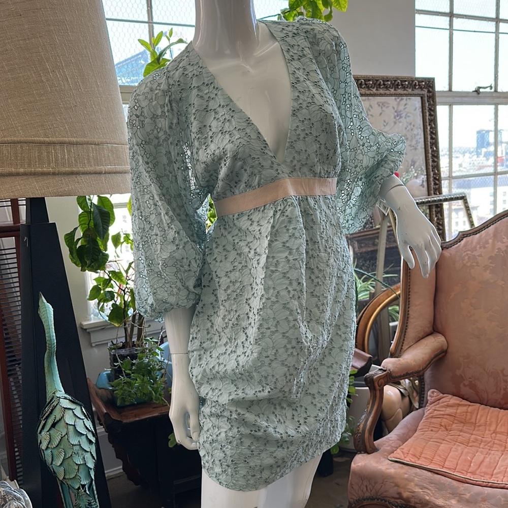 Silk eyelet Fully lined dress New Pastel Empire waist Sash Ribbon tie back - Picture 5 of 16